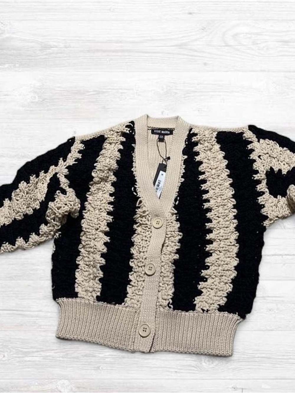 Steve Madden Black and Beige Crochet Stripe Button-Up Cardigan